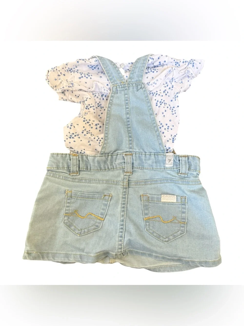7 For All Mankind Light Blue Denim Overall Dress with White Floral Tee